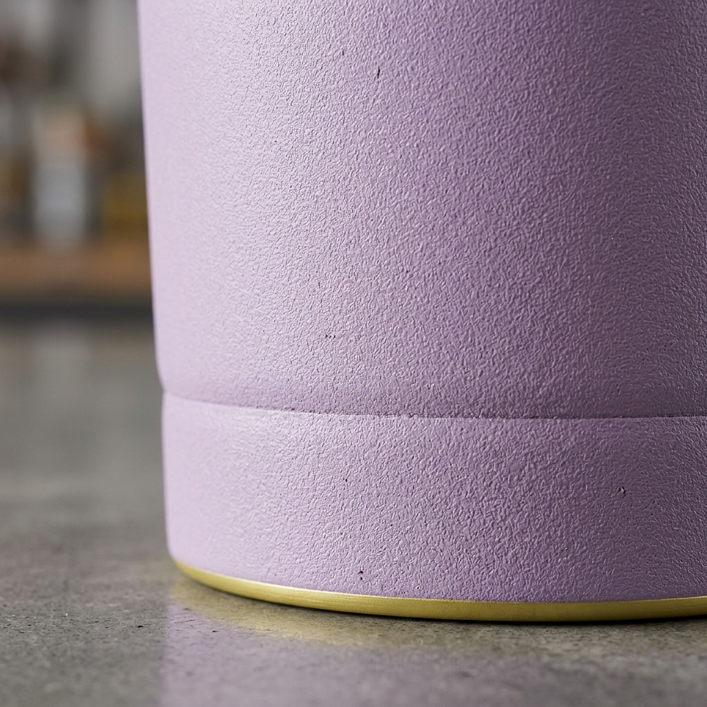 Macro close-up of the Lavender Frost bubba Envy S Tumblr, highlighting the fine powder-coat texture and the precision golden-yellow base rim.