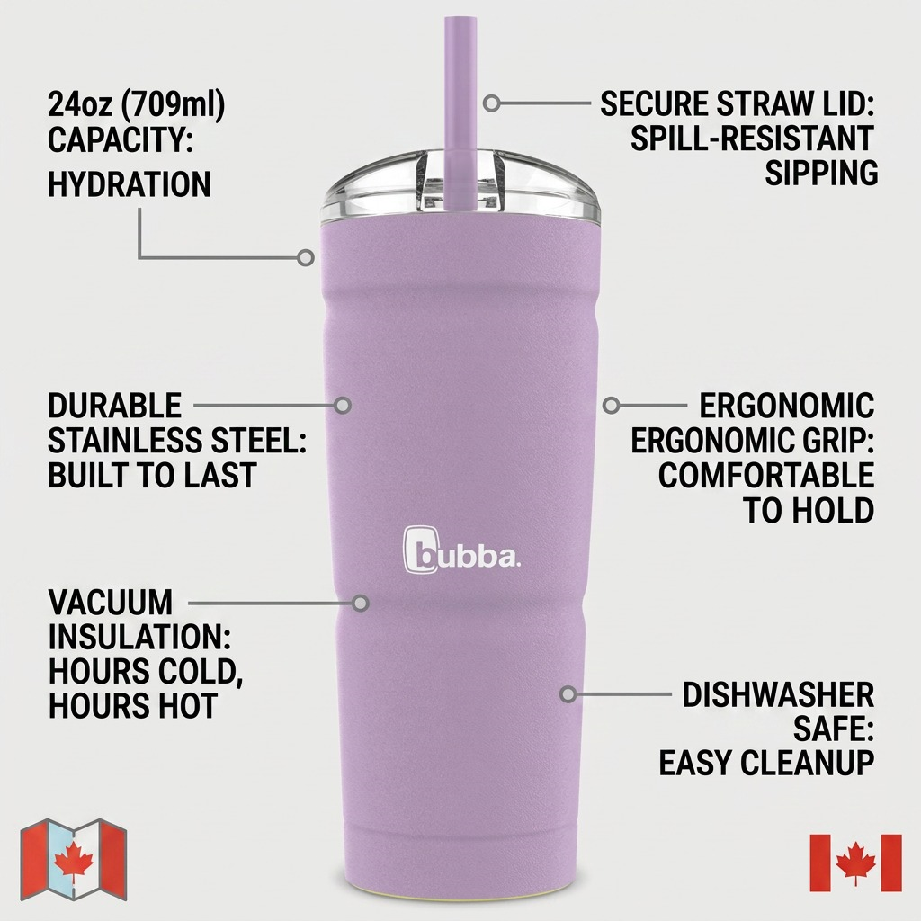 A feature graphic for the lavender 24oz bubba Envy S tumbler showing specifications and benefits.