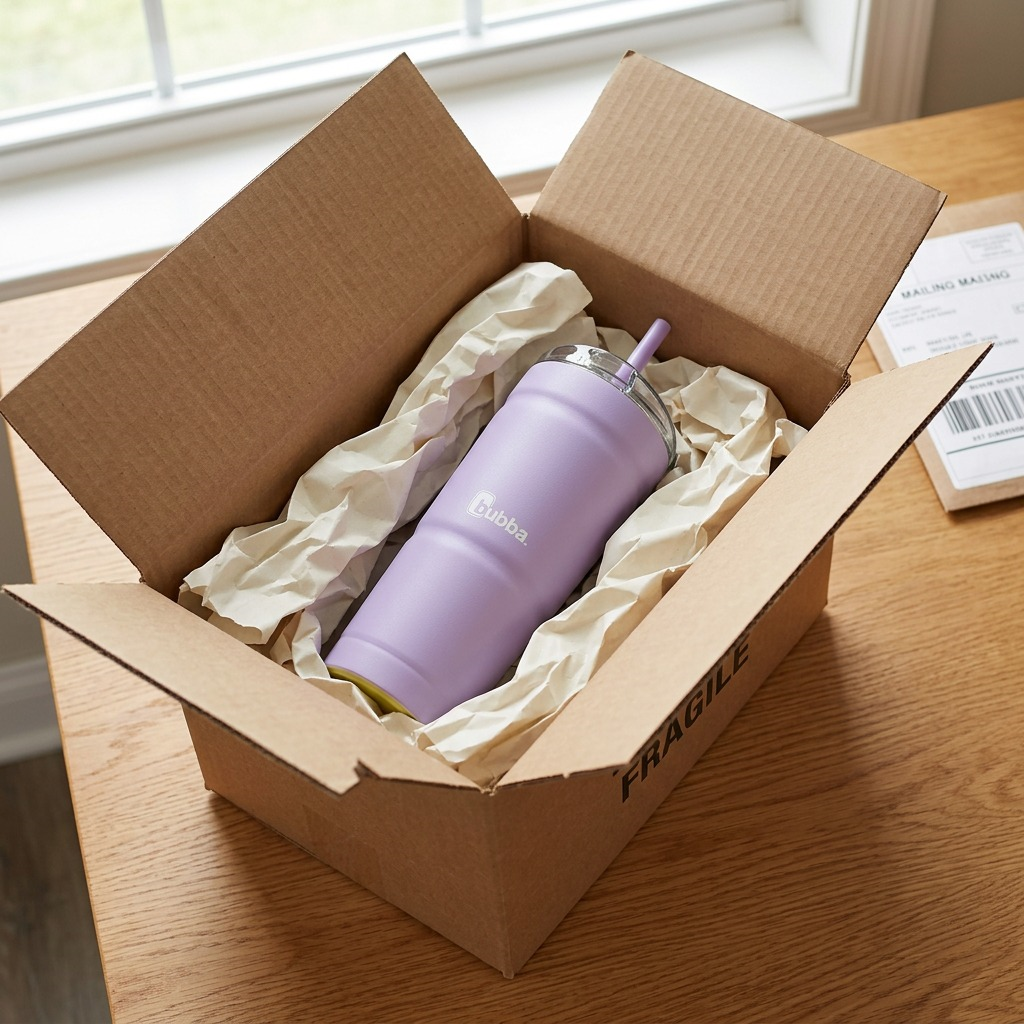 A bubba Envy S tumbler is cushioned by sustainable void-fill and corrugate, showing protected delivery.