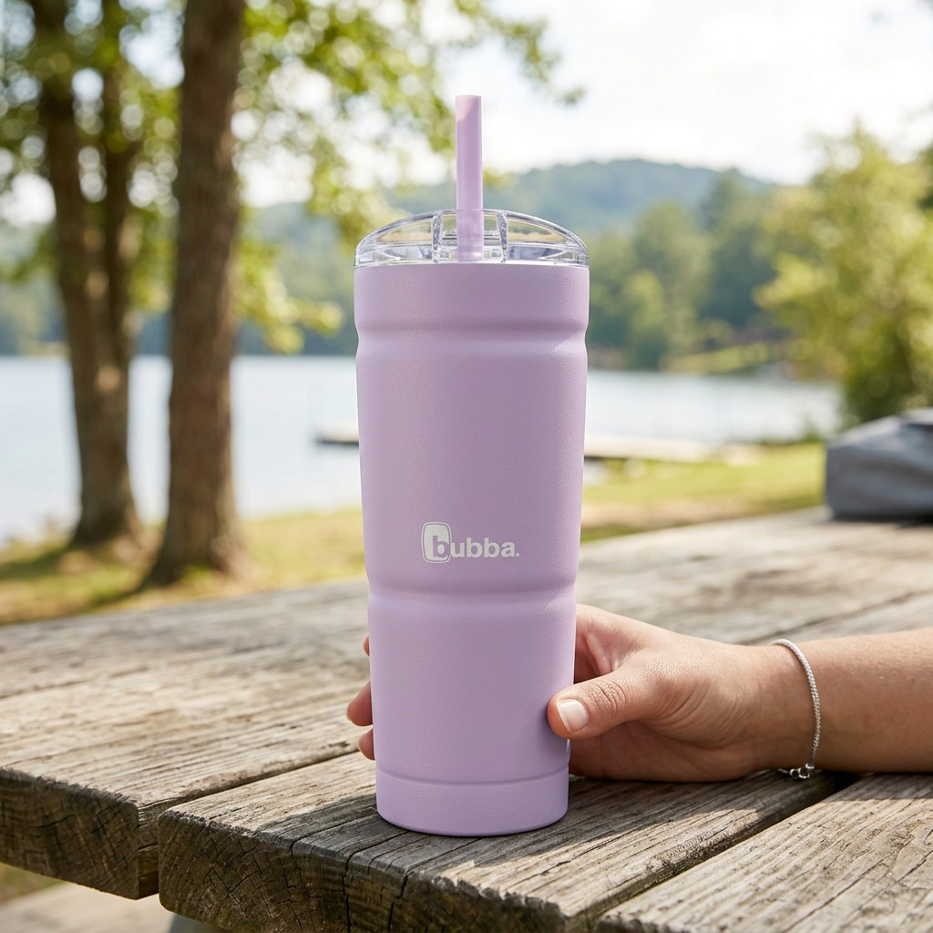 bubba Envy S 24 oz Lavender Frost Tumbler seen outdoors on a lakeside picnic table.