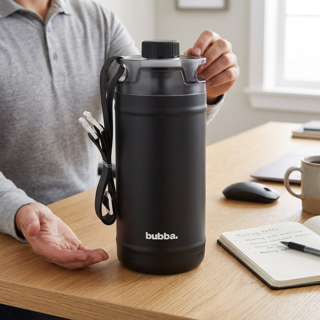An insulated black stainless steel water jug rests on a desk next to an open notebook and pen, showing its size.