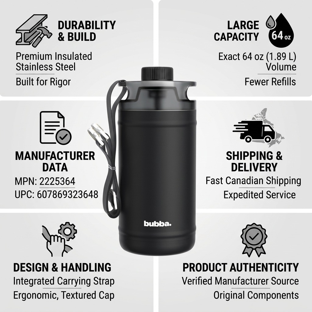 An infographic matrix highlighting the 64oz bubba water jug's build, capacity, specific data, and shipping.