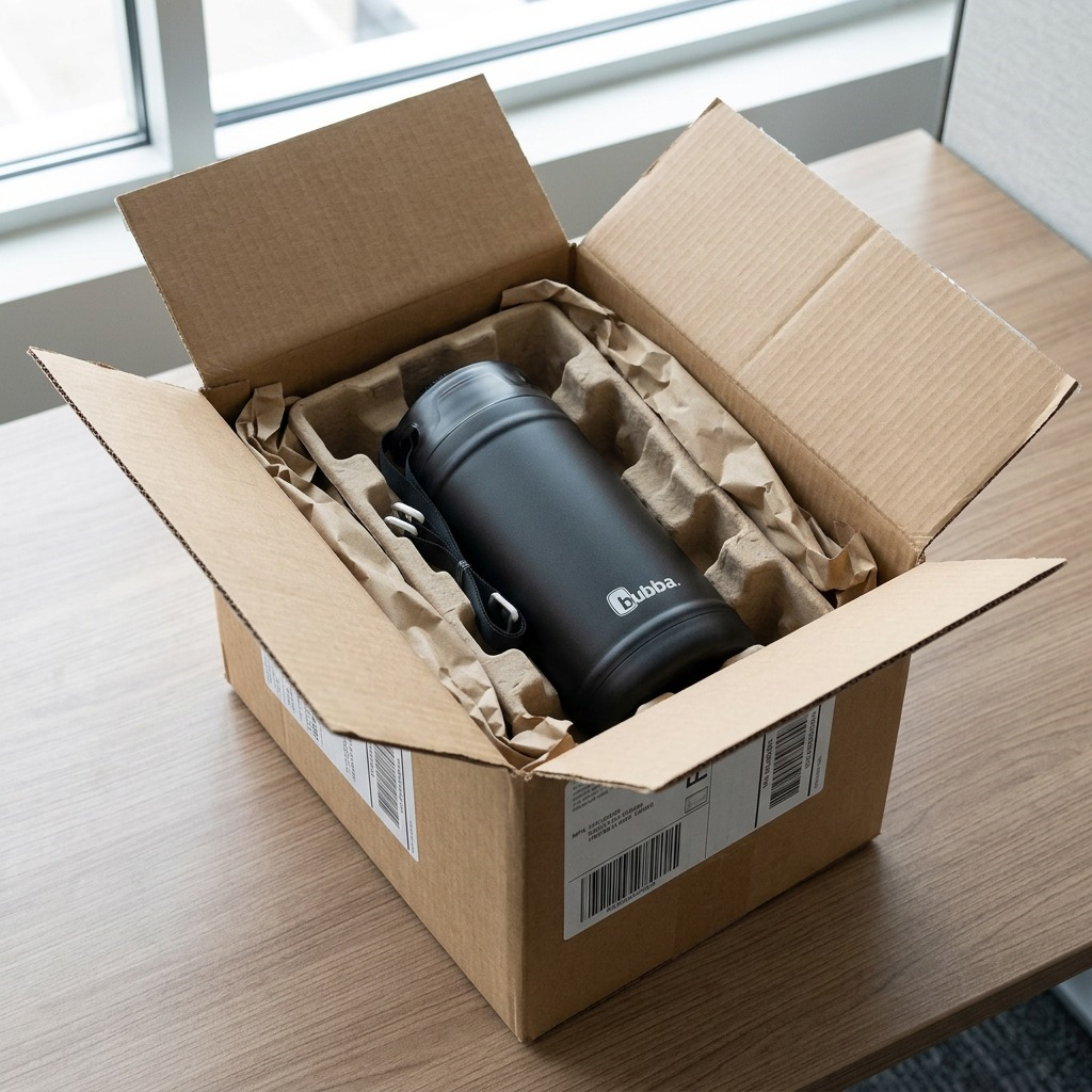 Unboxing sequence of Bubba water jug from protective cardboard.
