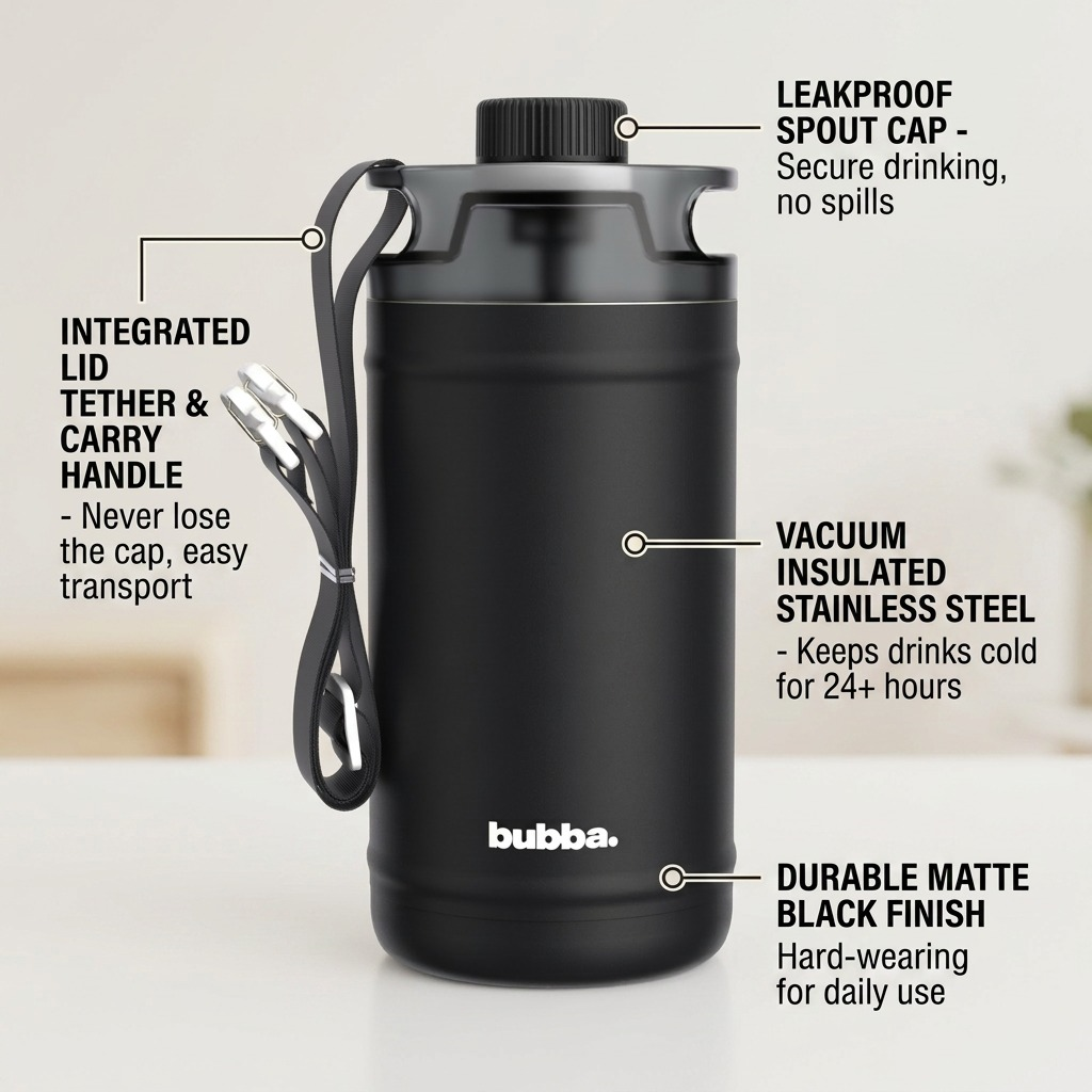 An operational feature callout graphic for the bubba 64oz Insulated Water Jug. It highlights the integrated lid tether and carry handle for convenient transport, the leakproof spout cap for secure drinking, the vacuum insulated construction that keeps beverages cold for 24+ hours, and the durable, hard-wearing matte black finish, all pointing from the product visual to specific details. The styling is neutral and professional, suitable for a product detail page.
