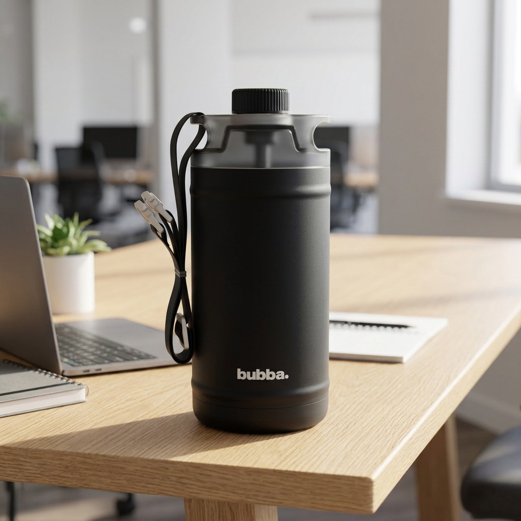 bubba 64oz Insulated Stainless Steel Water Jug, black matte, shown sitting on an office communal lunch table in natural light.