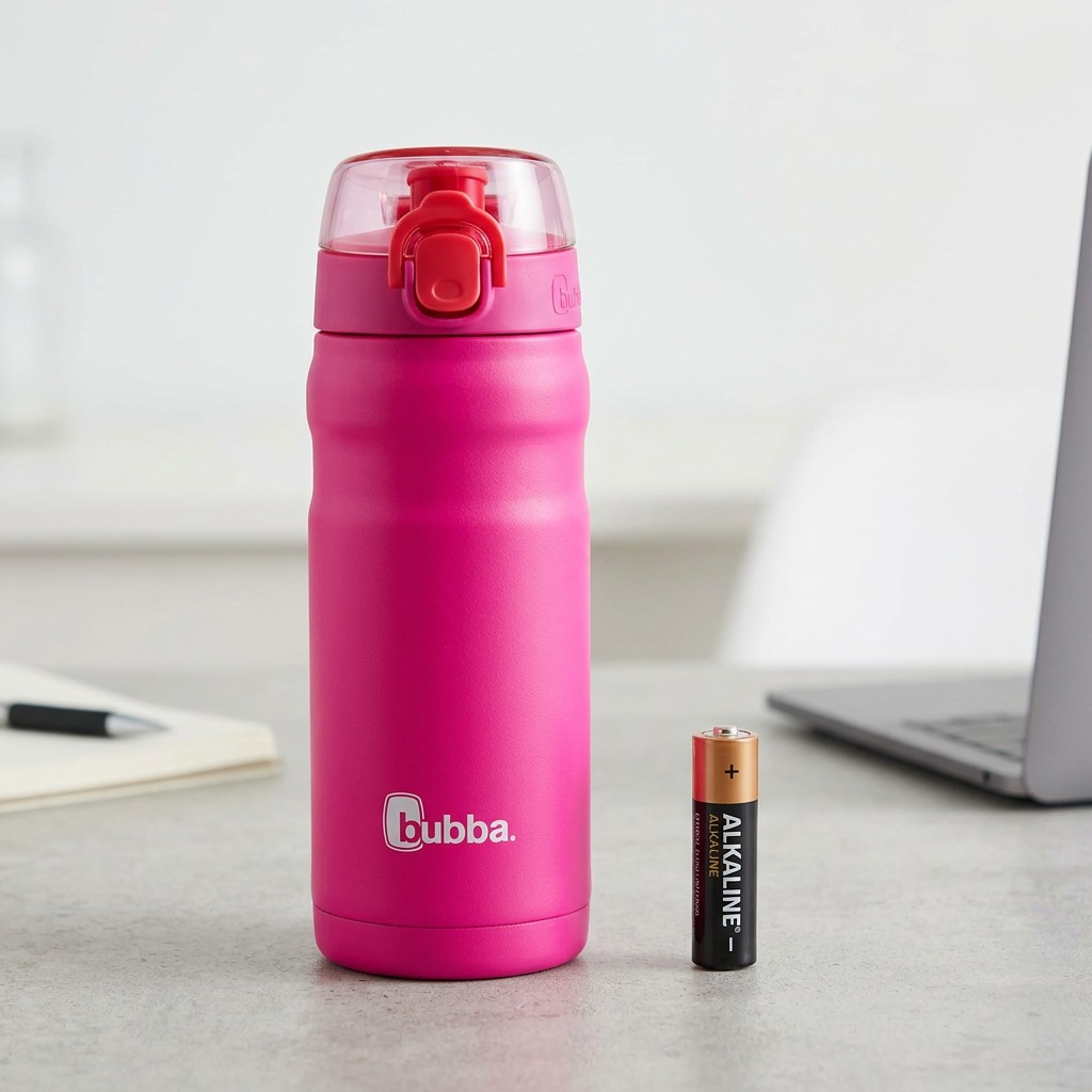 A product photograph featuring the 18 oz Flora Aura pink Bubba water bottle next to a standard AA battery.