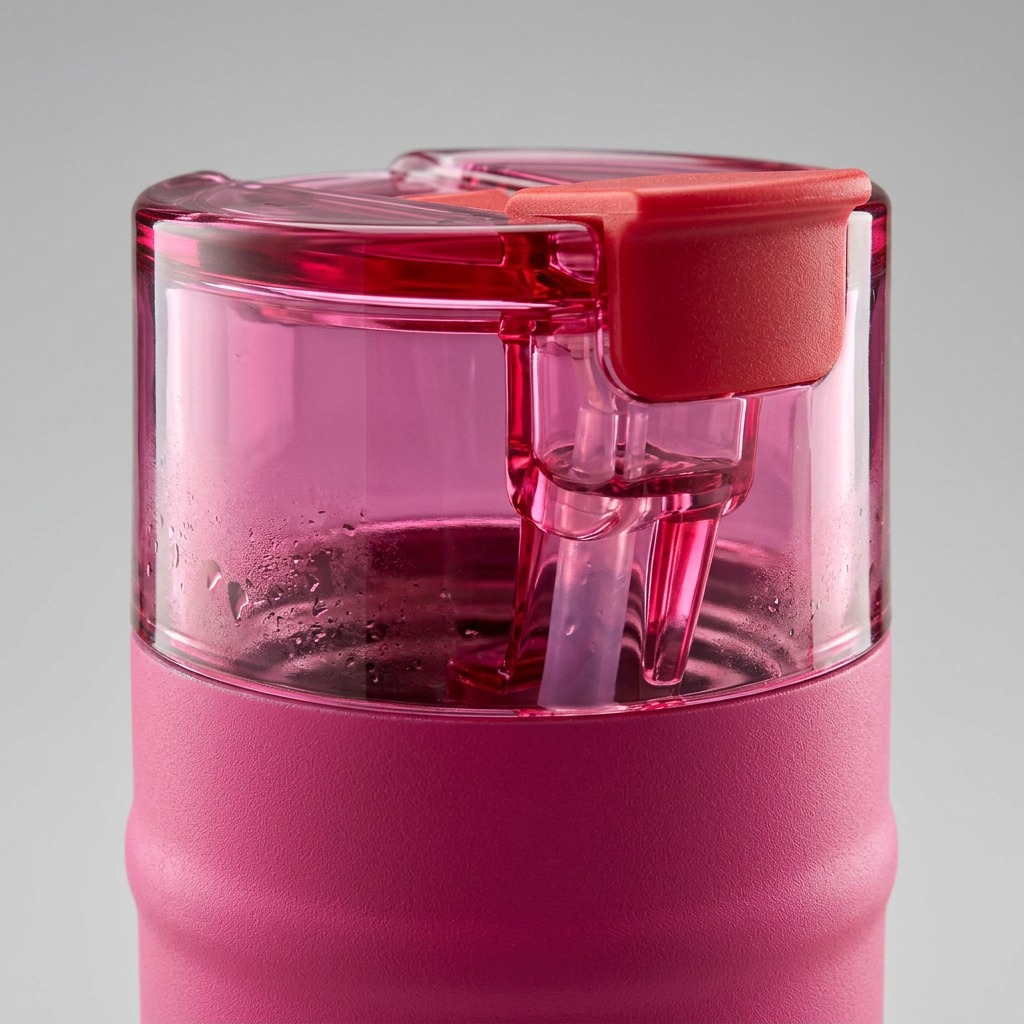 Macro view of the pink DualSip lid mechanism, clear spout, and push tab.
