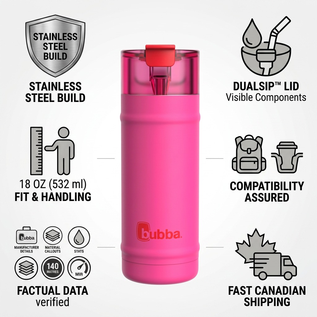 PDP image featuring the bubba DualSip bottle as a central trust and authority infographic matrix.