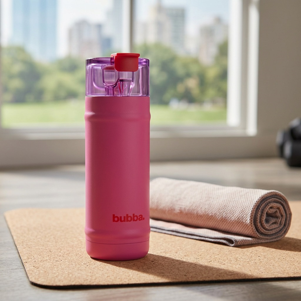 A wide-angle landscape shot of the 18oz bubba Flora Aura bottle sitting on a yoga mat.