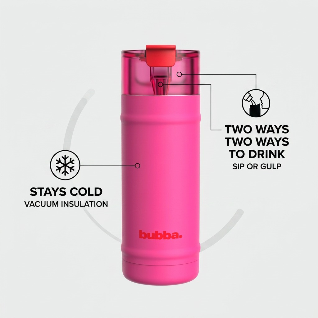 Operational features matrix of the pink bubba water bottle, highlighting dual pour options and cold retention.