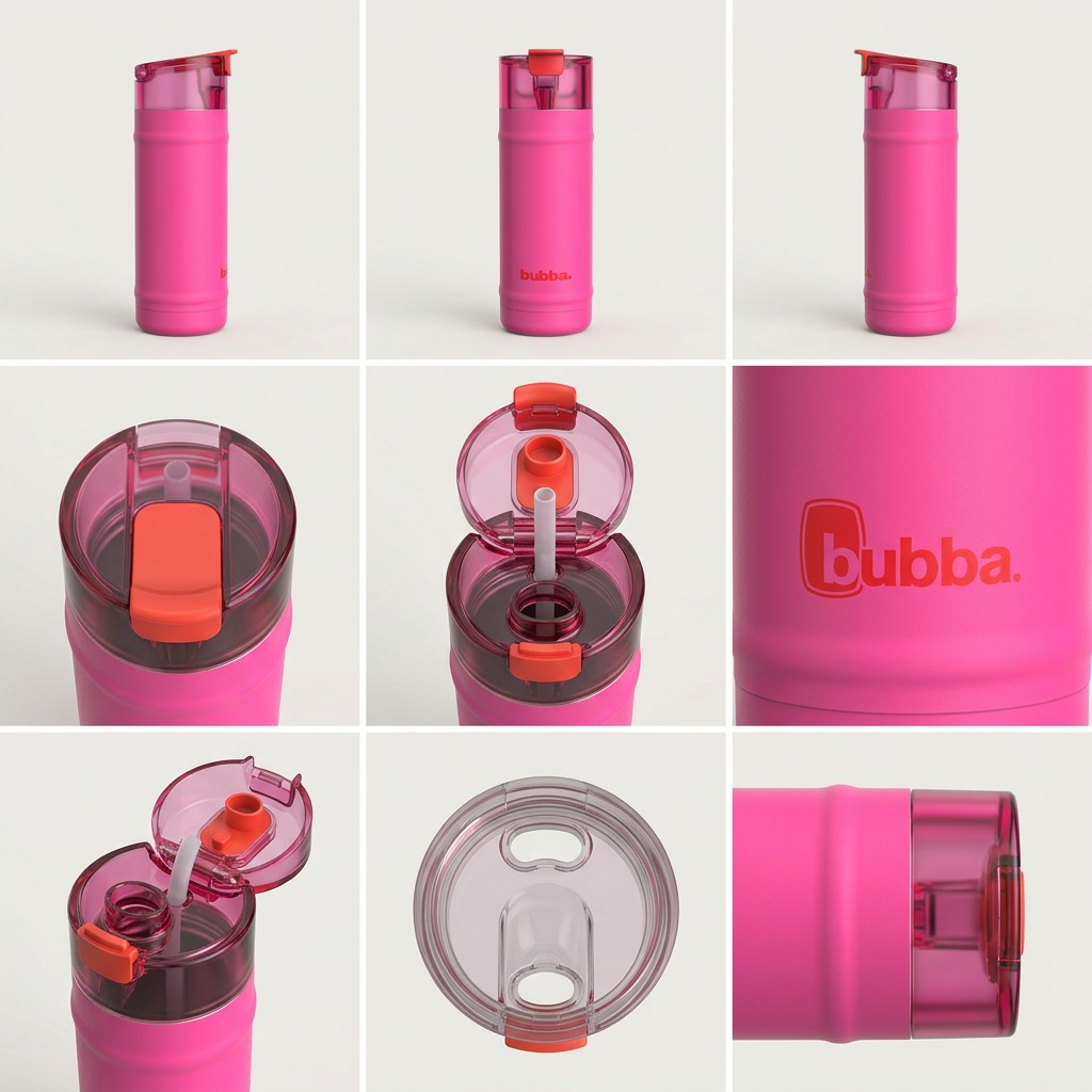 Clean visual matrix presenting the pink DualSip water bottle from six distinct angles, showing detailed views of the body, cap, and spout.