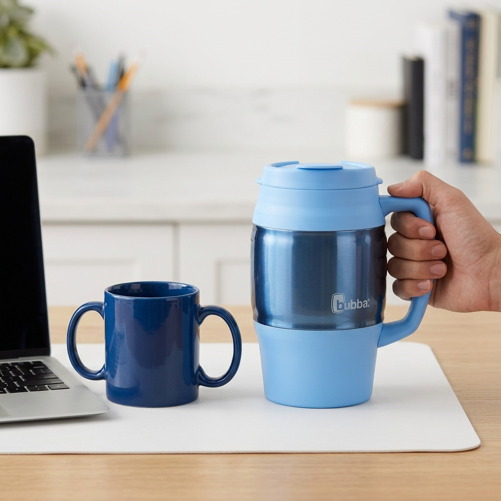 Bubba Classic Mug (Daydream, 34 oz) shown held by a hand and next to a standard laptop and a coffee mug on a desk for scale.