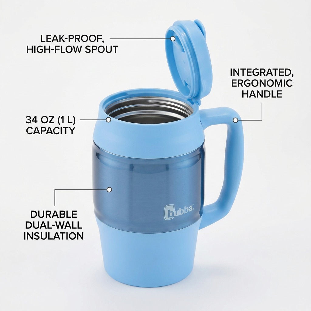 A focused visual matrix infographic detailing the main features of the Bubba Classic Mug from image_0.png, with clear callouts for the 34oz capacity, secure lid, high-flow spout, integrated handle, and durable dual-wall insulation.