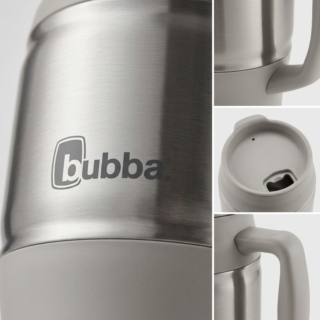 An extreme close-up view of the metallic brushed finish and crisp "bubba." logo print on the travel mug.