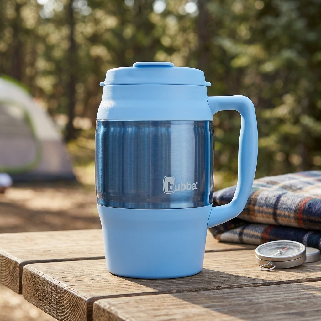 A multi-setting lifestyle photo of the light blue Bubba 1L mug on an office desk, in hiking, and on a commute.