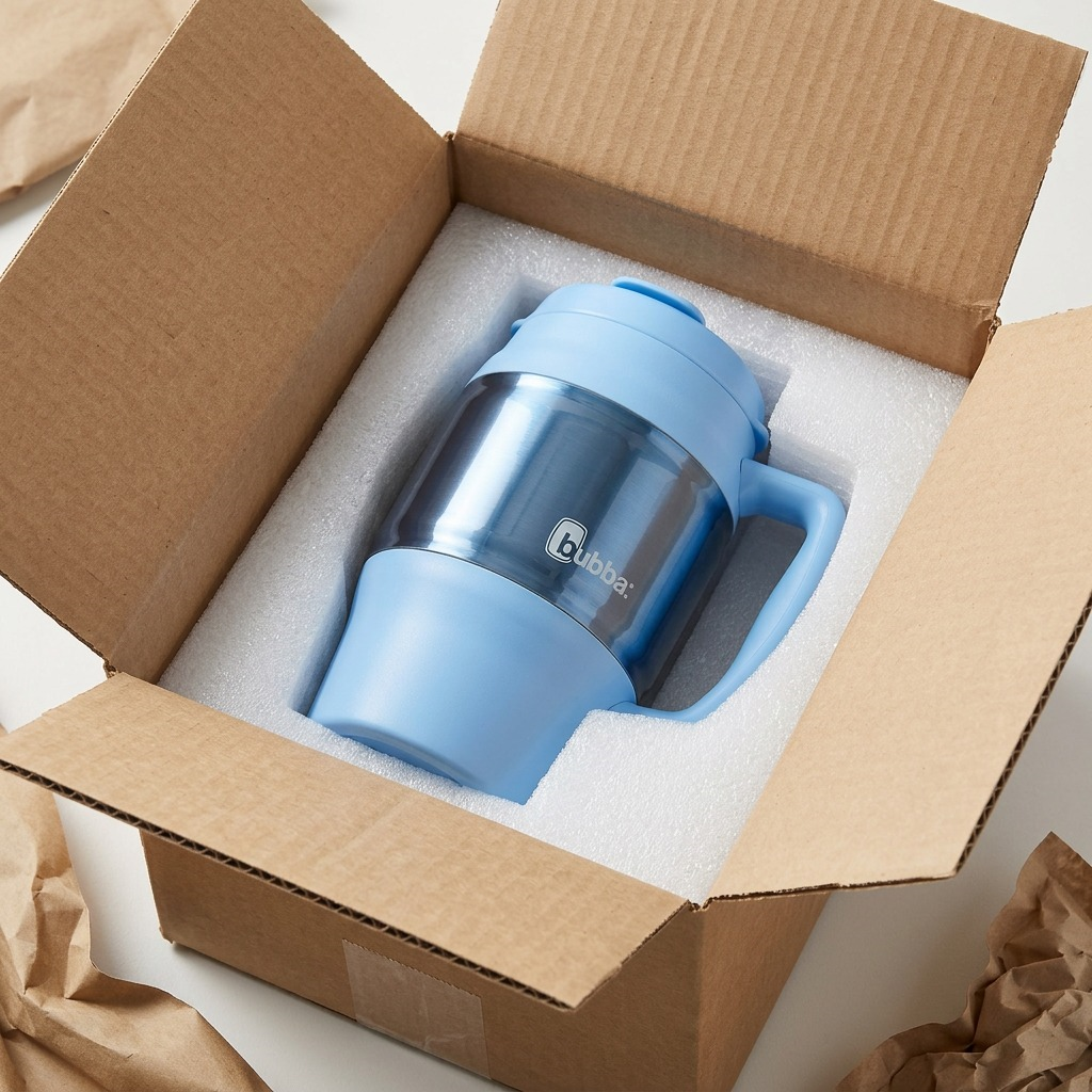 [Image 7. Unboxing PDP] Bubba Classic Mug 34 oz protected by custom-fit shipping inserts.