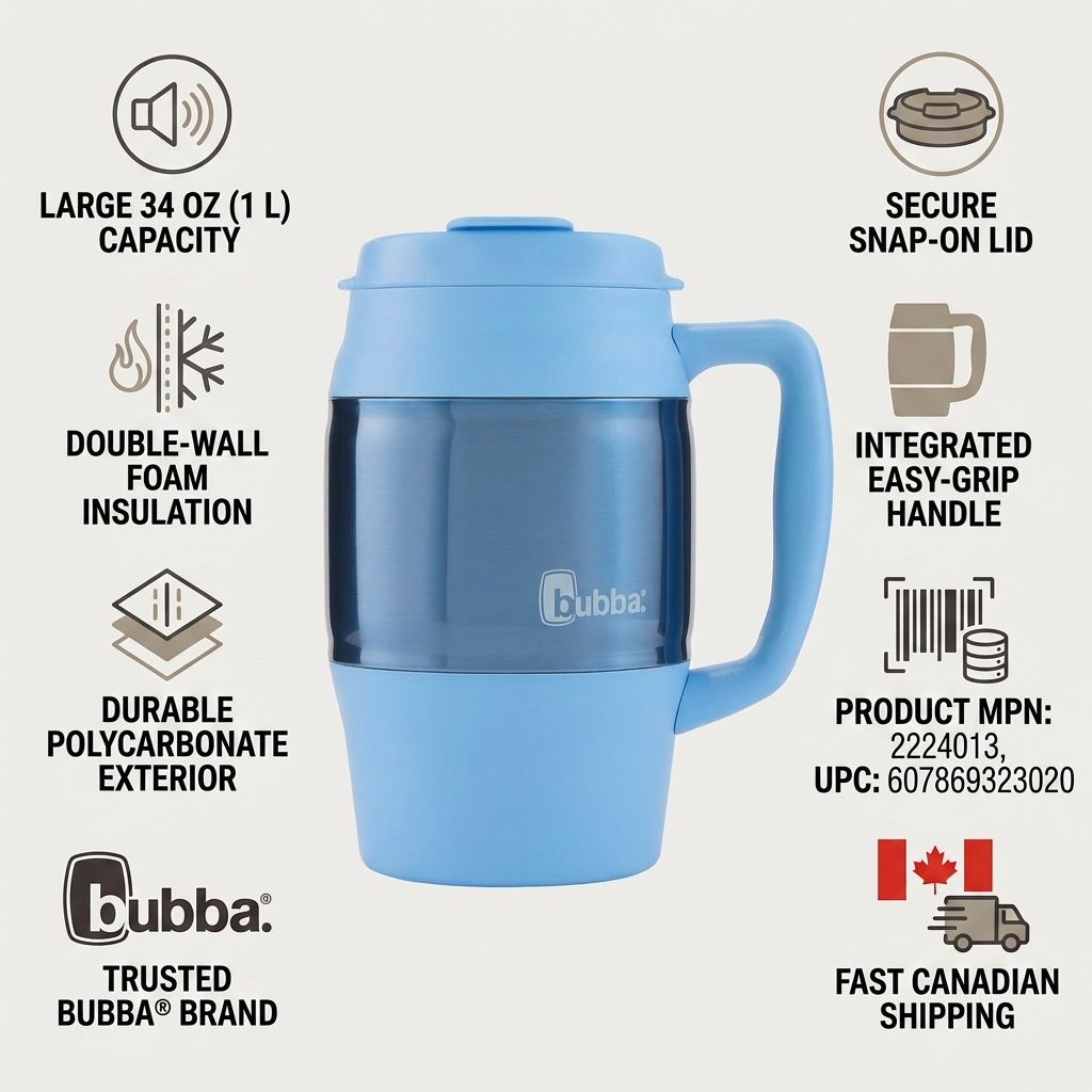 Infographic for Bubba Classic mug 2224013, highlighting product stats and fast Canadian shipping.
