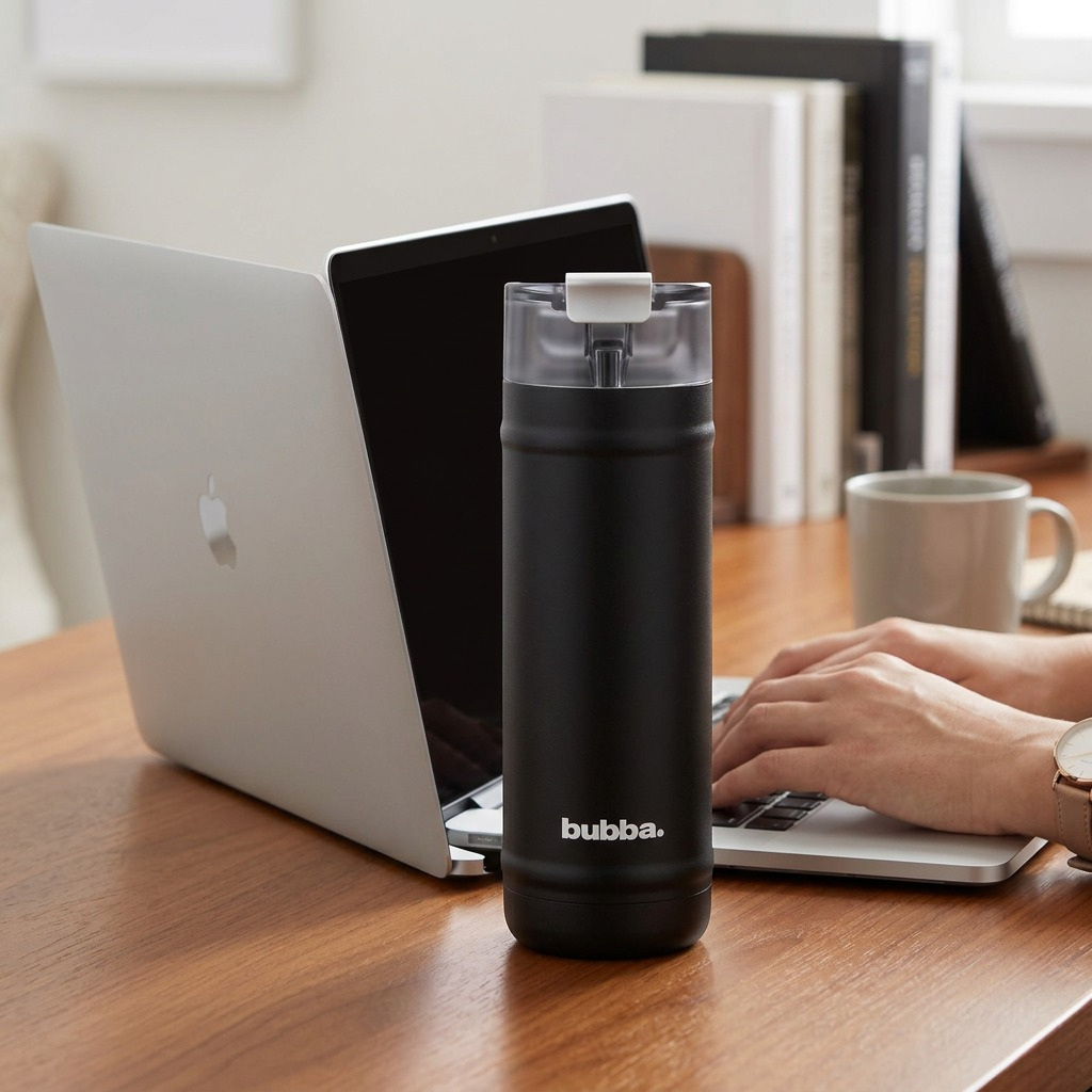 Scale comparison image of the 32 oz bubba DualSip bottle beside a typical 15-inch work laptop.