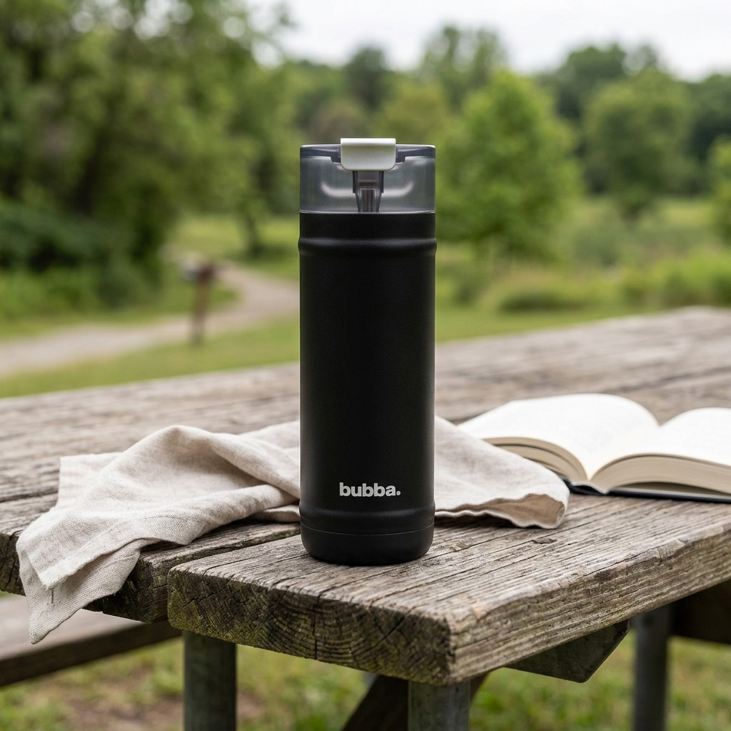 A 32 oz black Bubba DualSip bottle stands on a rustic wooden park table, with a green tree background and blue sky.