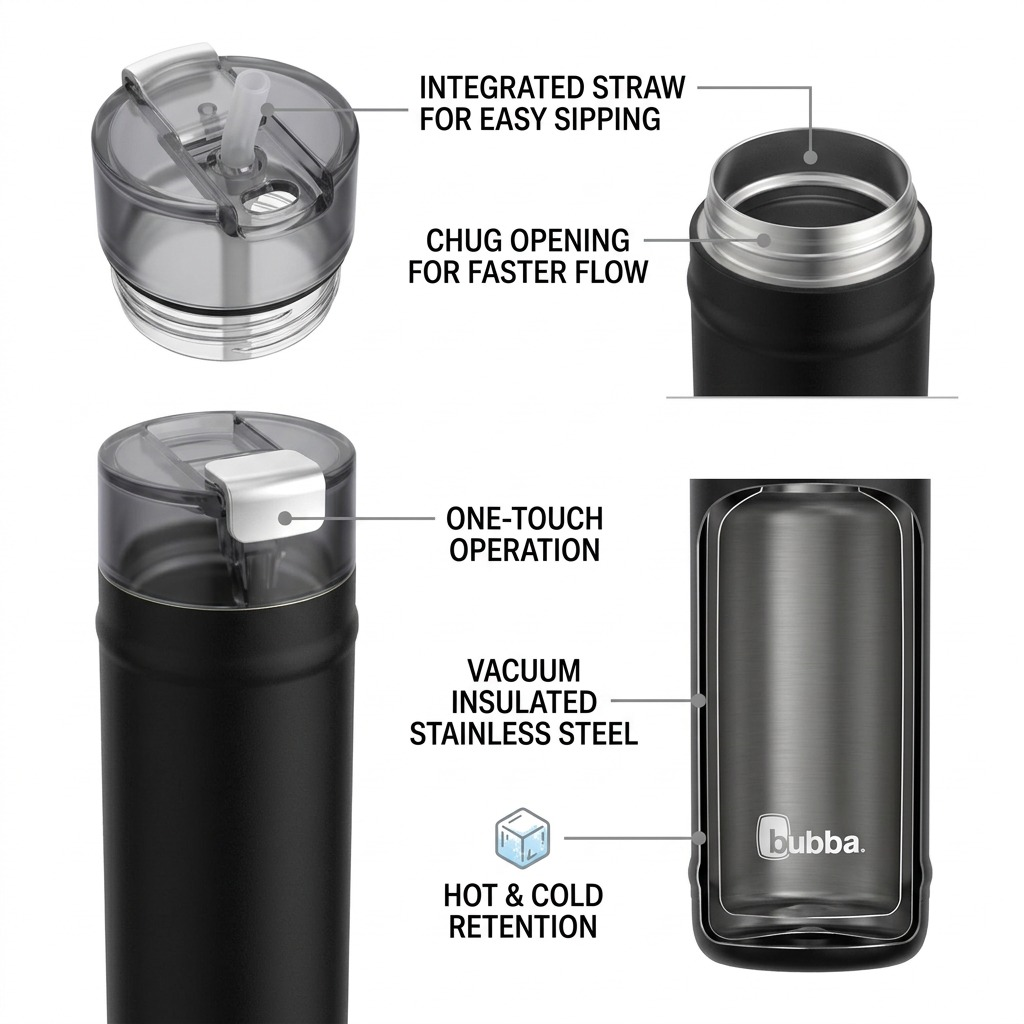 Infographic for bubba DualSip 32 oz bottle, highlighting lid mechanics and vacuum insulation.