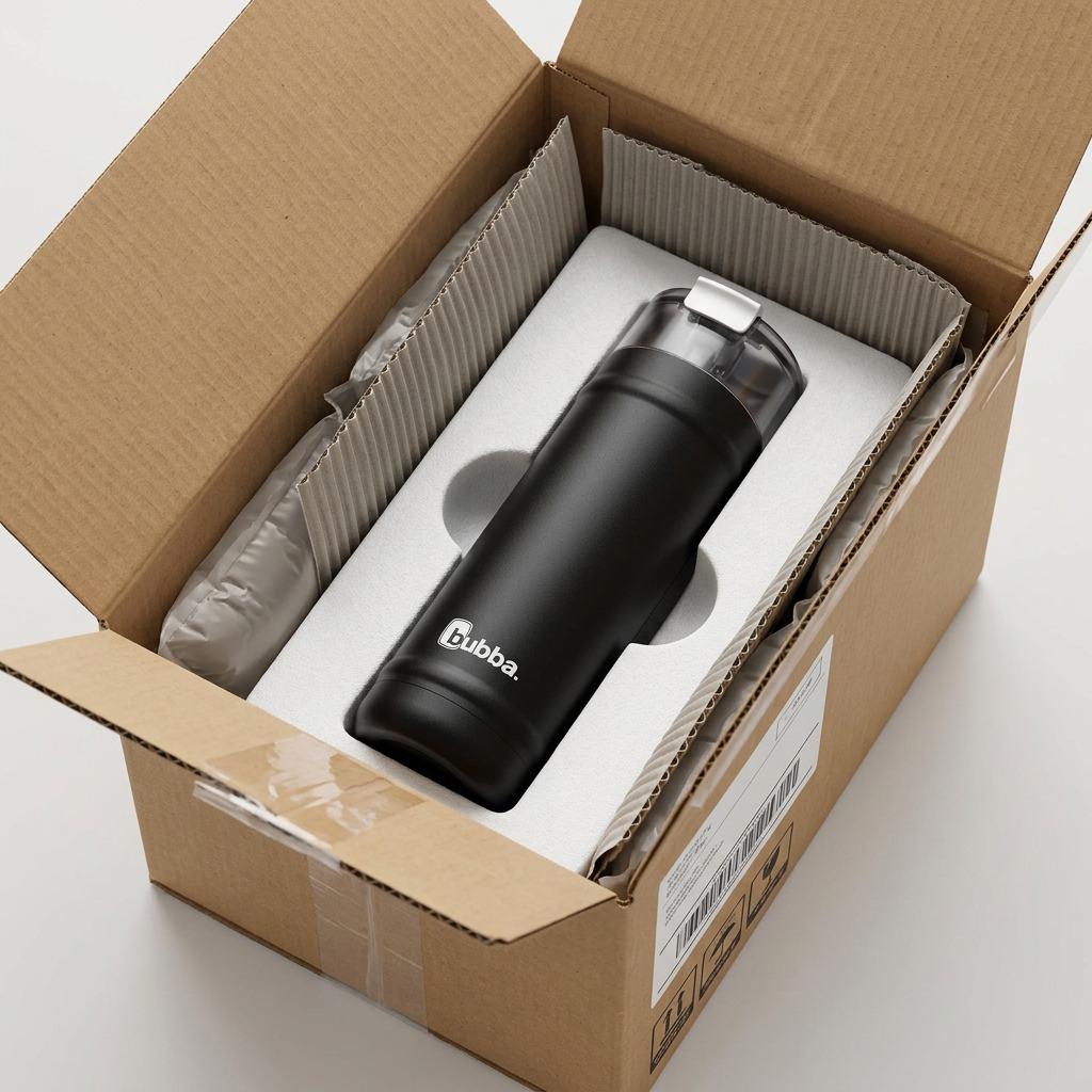 An open cardboard box showing a bubba DualSip bottle wrapped in foam, ready for unboxing.