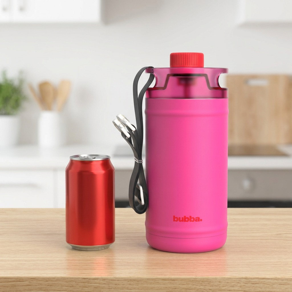 A 16:9 PDP image showing the specific pink 64oz bubba water jug beside a standard 12oz beverage can for scale, placed on a wood desk in a home gym setting.