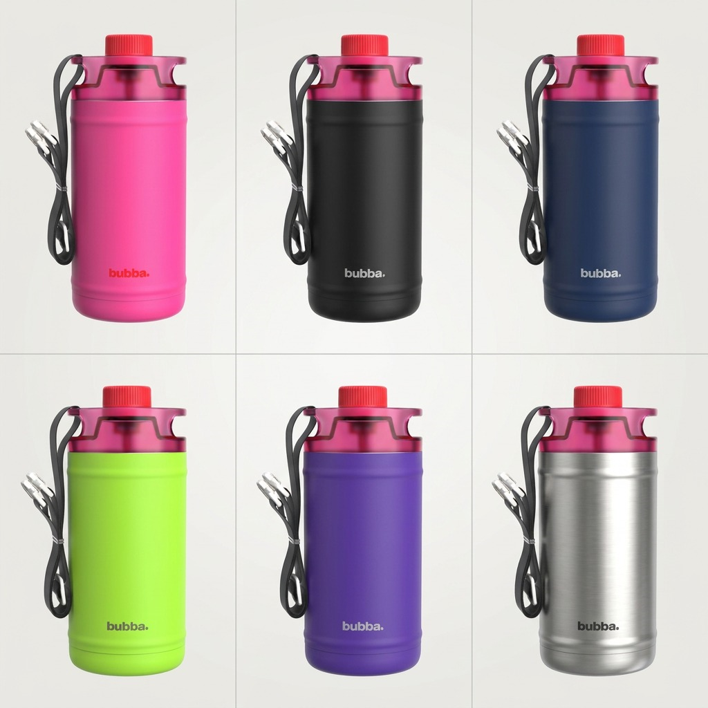 A variant grid of the bubba water jug, showcasing six available color options from the same angle.