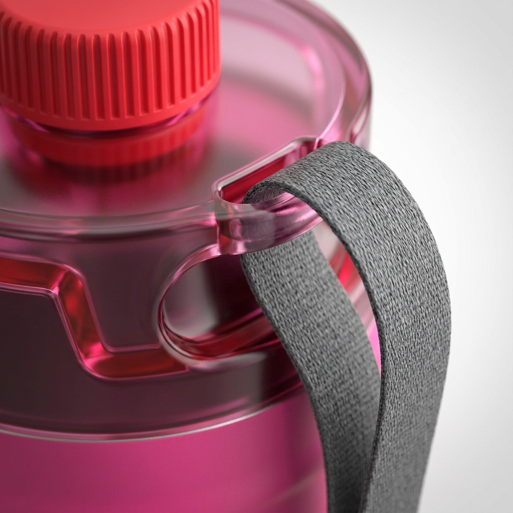 Extreme close-up of the metal connector and woven strap on the bubba water jug.