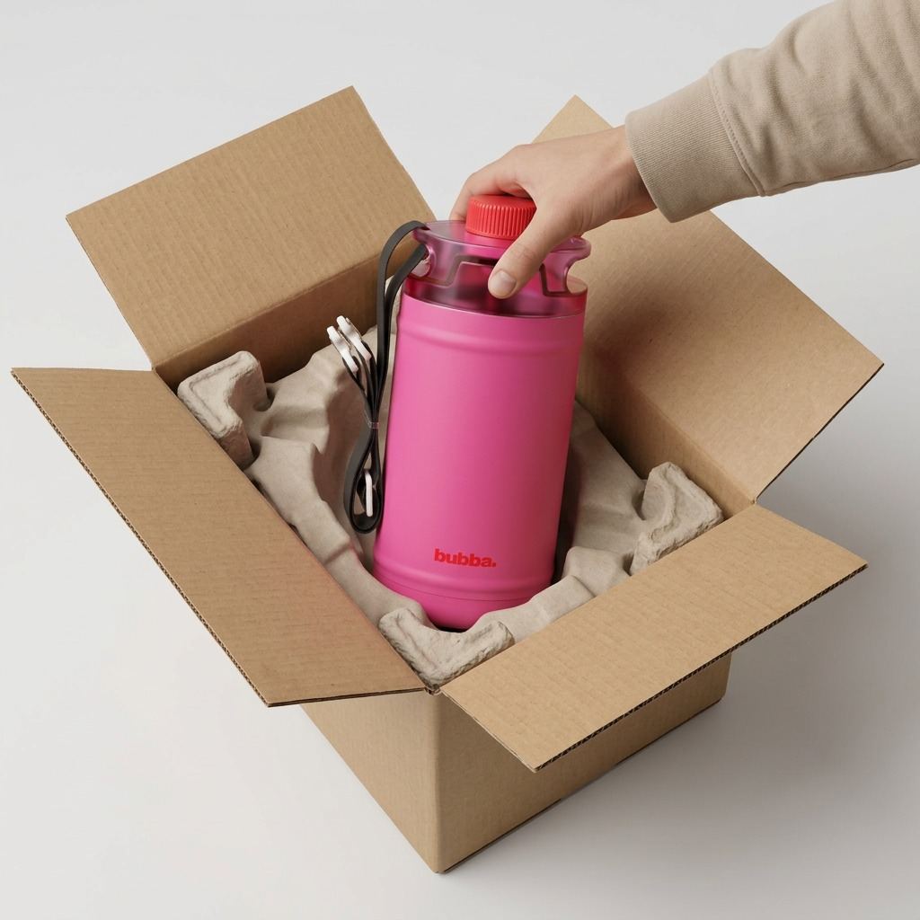 A product safety shot of the bubba insulated water jug securely nested within its corrugated shipping box and reinforced by foam padding, displaying it exactly as it appeared prior to shipping.