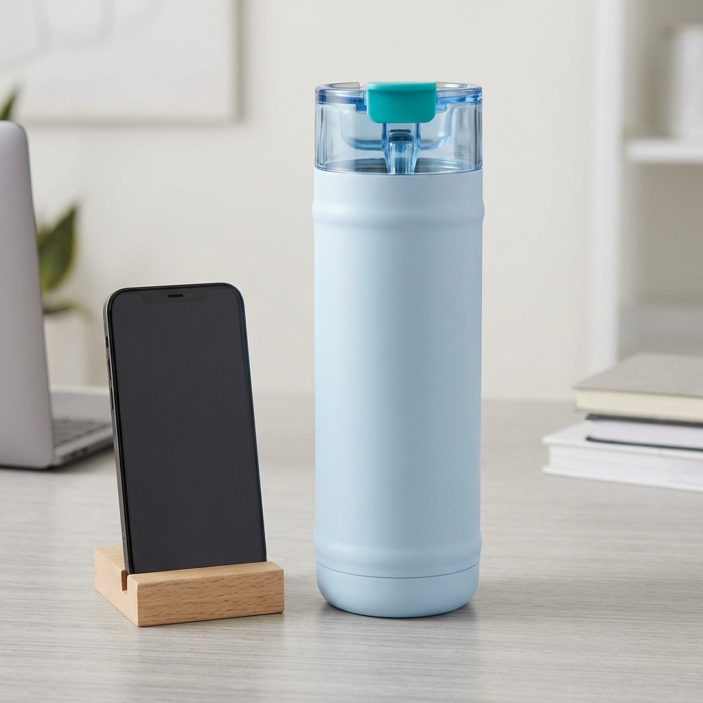 An eye-level product shot of the bubba DualSip bottle beside a smartphone, showing its scale.