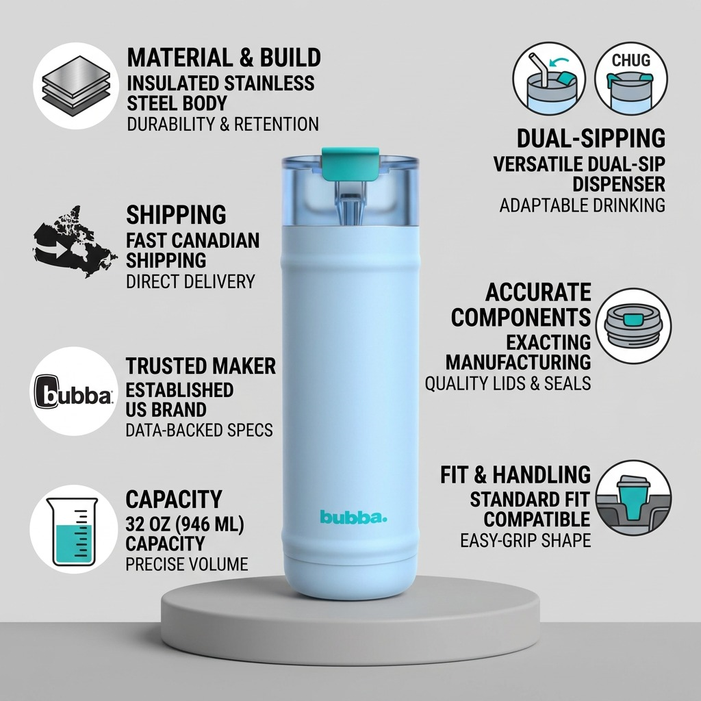 A trust infographic matrix showcasing key features, material specifications, and logistics for the Daydreamin' 32oz water bottle.