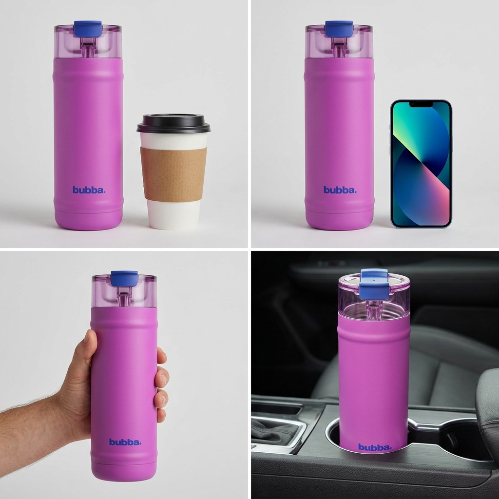 A side-by-side scale comparison of the bubba(R) DualSip water bottle and a standard disposable coffee cup.