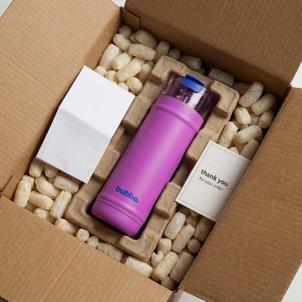 A detailed render of the Bubba DualSip bottle inside a padded, robust shipping carton.
