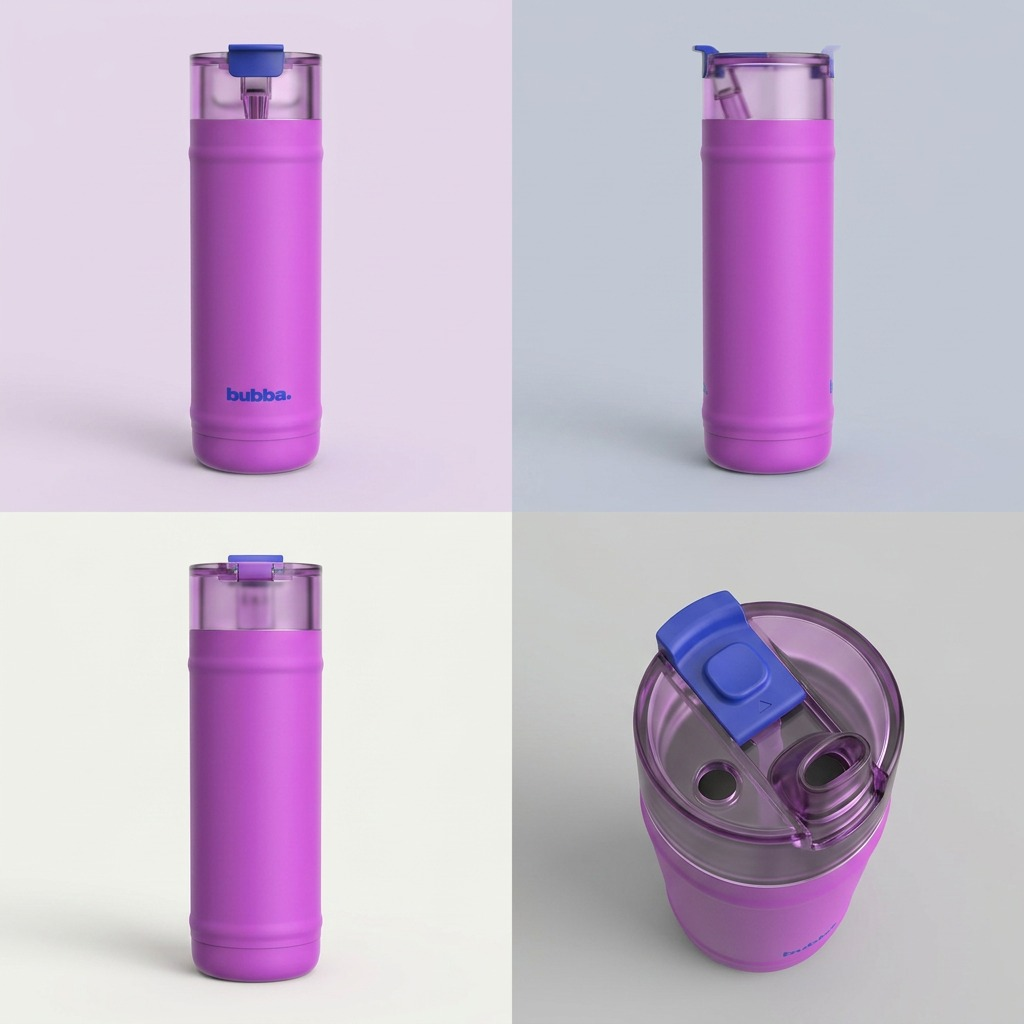 A professional PDP matrix displaying four images of the Moodbooster (MPN: 2230228) 32 oz dual-sip water bottle. The clean grid shows the product from a front view, side view, back view, and an overhead angle, highlighting the dual lid and textured bottom.