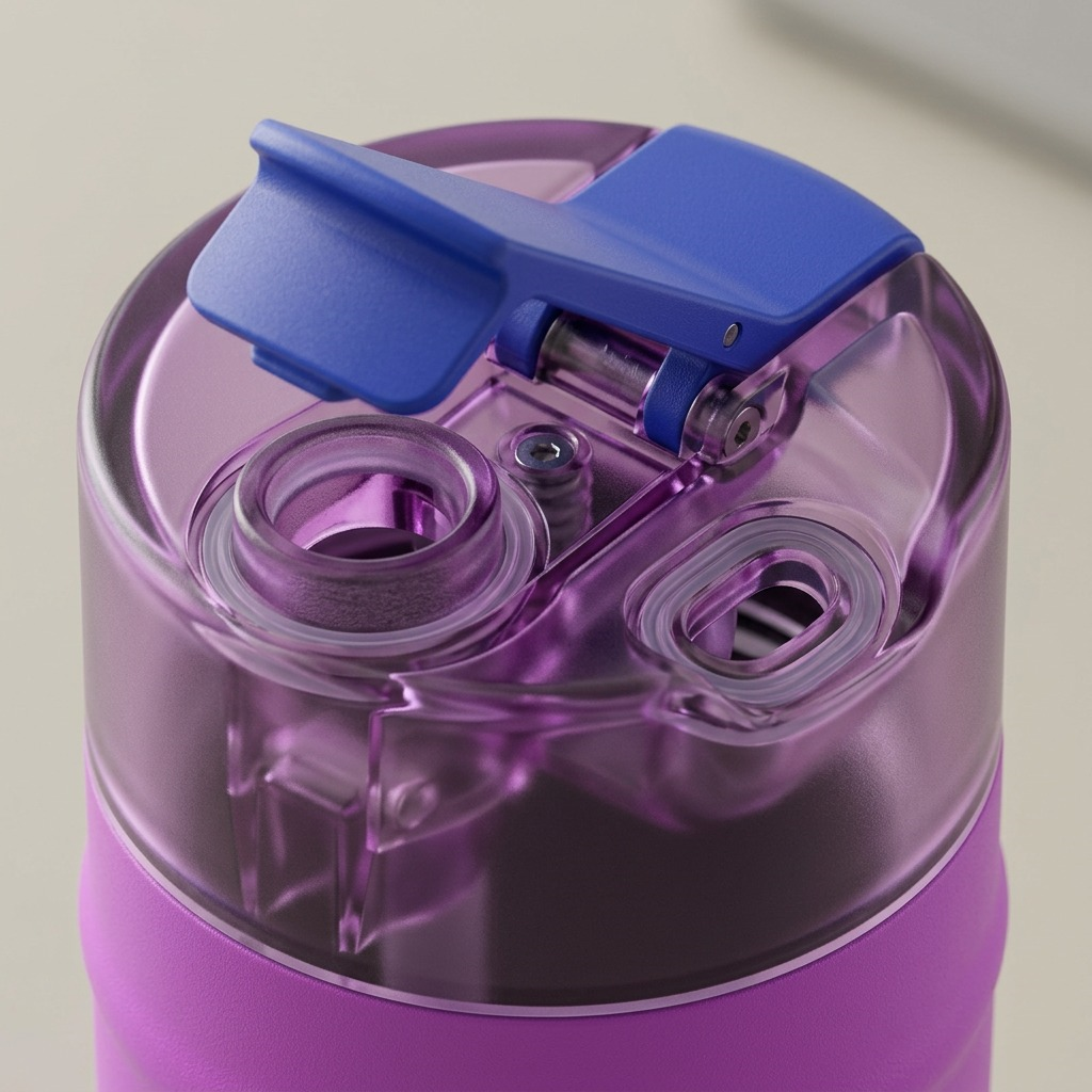 Extreme macro view reveals the 'DualSip' mechanism of the Bubba Moodbooster water bottle with a wide-mouth straw opening and smaller spout, detailed by clear plastic parts, seals, and the specific blue toggle.