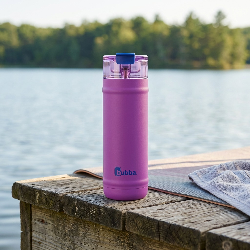 A lifestyle view of the bubba DualSip bottle on a sunny dock next to a yoga mat and lake.