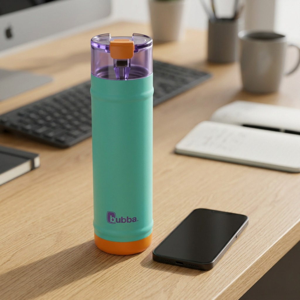 Bubba 24 oz teal water bottle shown in a realistic scale comparison next to a standard smartphone.