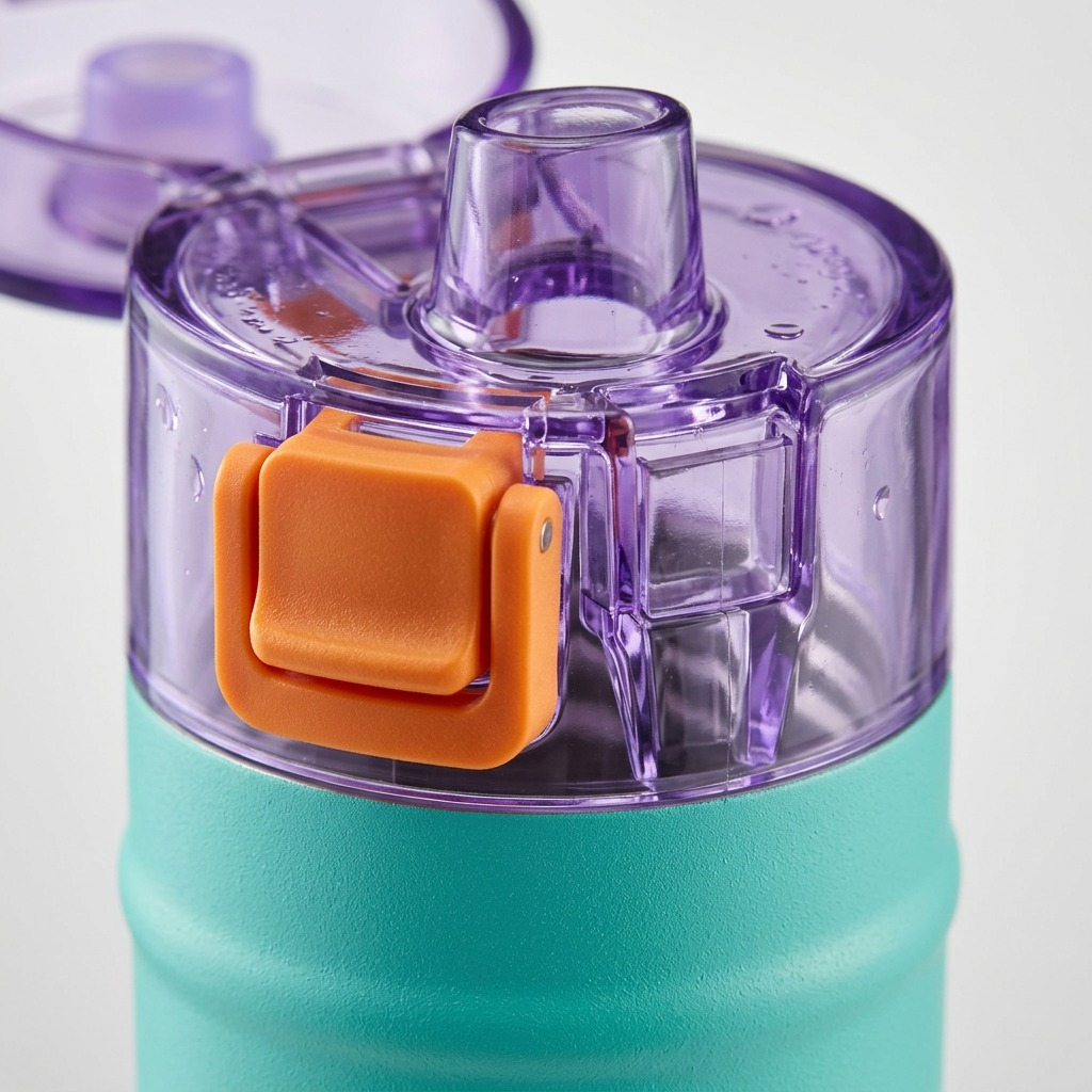 Detail photograph of a sports water bottle lid with matte orange latch and translucent purple cap.