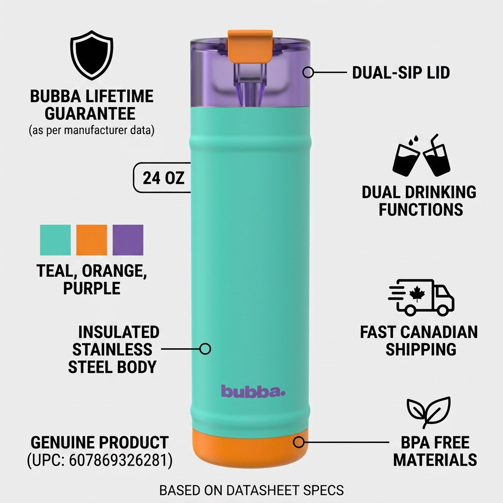 Infographic for Bubba 2230169 bottle detailing its stainless steel build, BPA-free materials, 24oz capacity, and Canadian shipping.