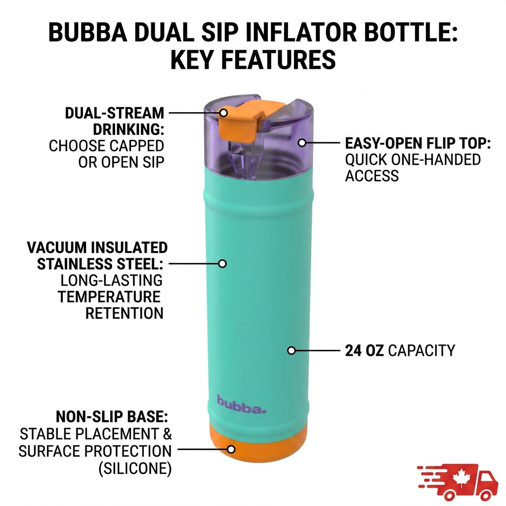 A clean e-commerce feature infographic displaying the bubba Dual Sip bottle with key features highlighted: 'Dual-Stream Drinking: Choose Capped or Open Sip,' 'Easy-Open Flip Top,' 'Vacuum Insulated Stainless Steel,' 'Non-Slip Base,' and '24oz Capacity.' A small Canadian shipping flag is included.
