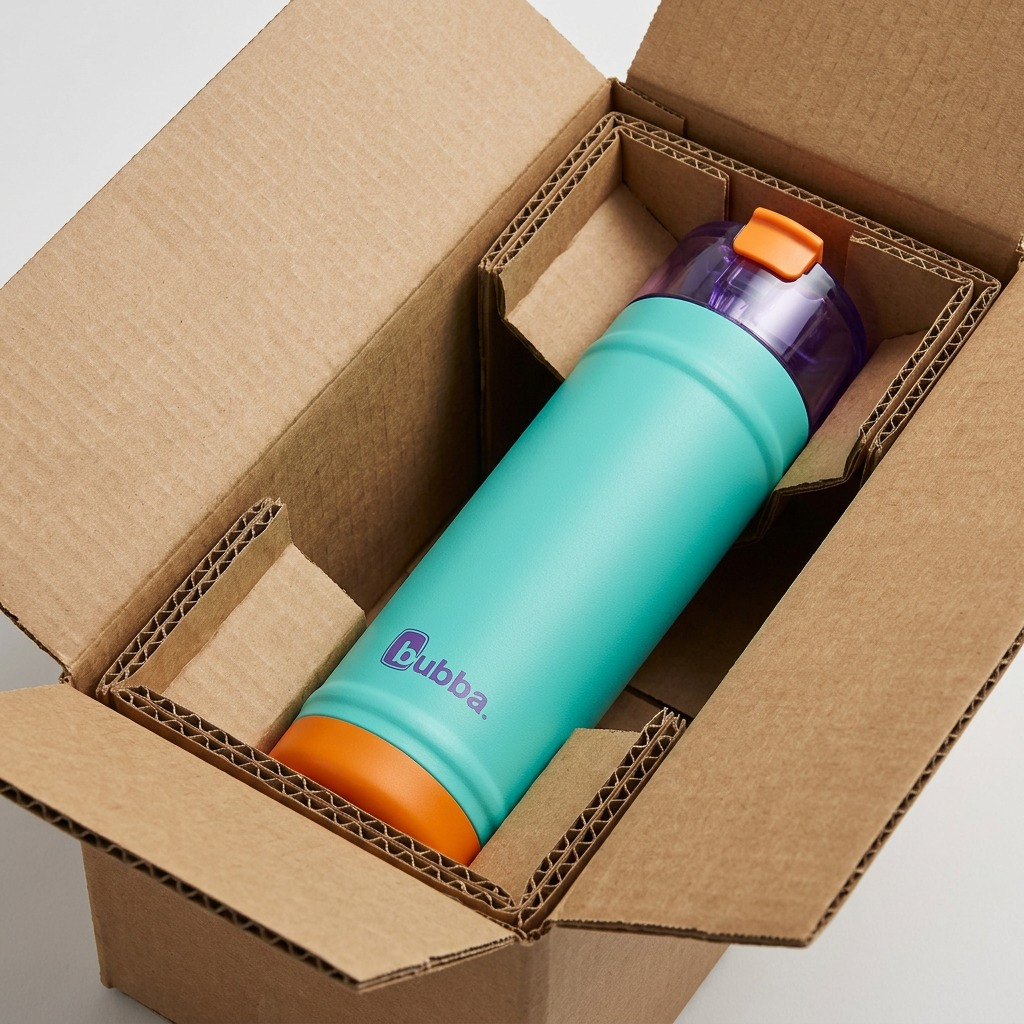 A realistic unboxing scene for the 24 oz Bubba Dual Sip Bottle, shown in a supportive cardboard box.