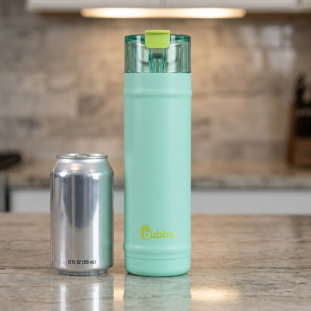 A scale reference image showing the Bubba 2231342 water bottle standing next to a standard 12-ounce beverage can.