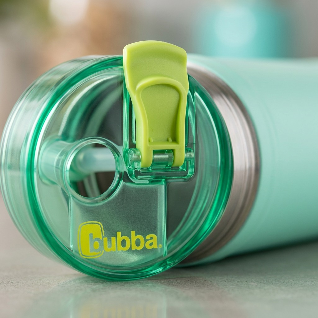 An extreme close-up of a mint green bottle's dual-sip lid and text logo, with a blurred background.