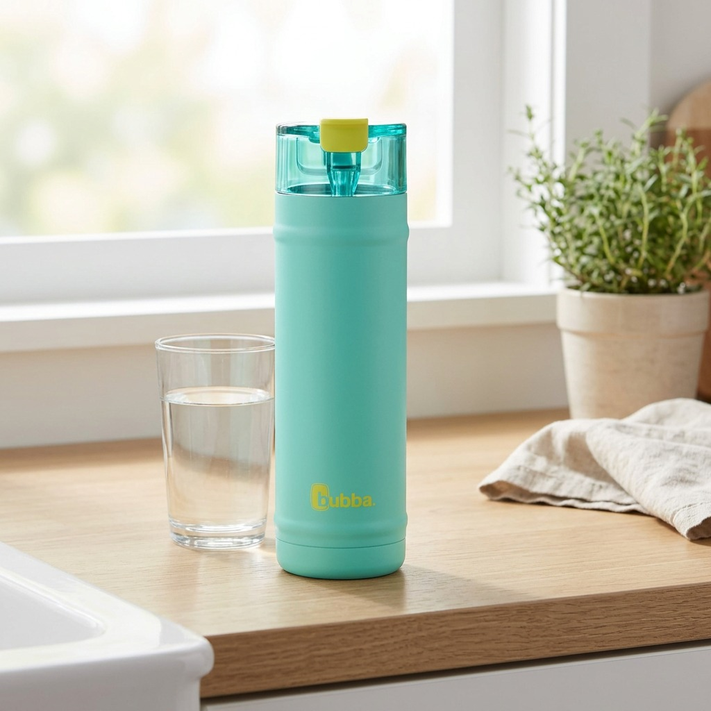 bubba DualSip bottle: teal, 24oz, stainless steel, dual-sip lid, on counter with glass.