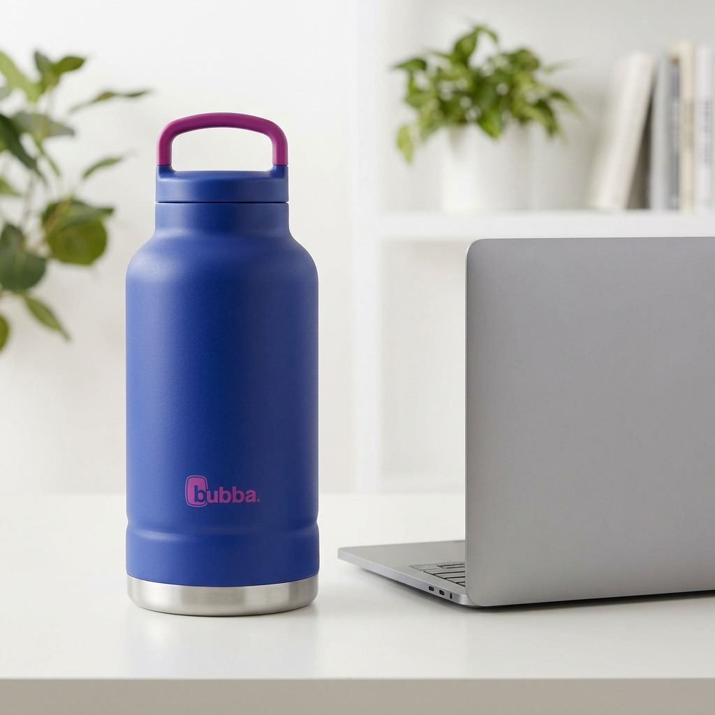 A detailed look at the 52 oz bubba. keg's grand scale, compared next to a large tablet.