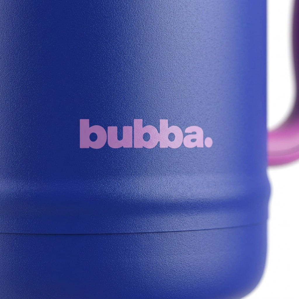 Macro detail. Low angle shows blue bubba water keg's textured steel base. White background.