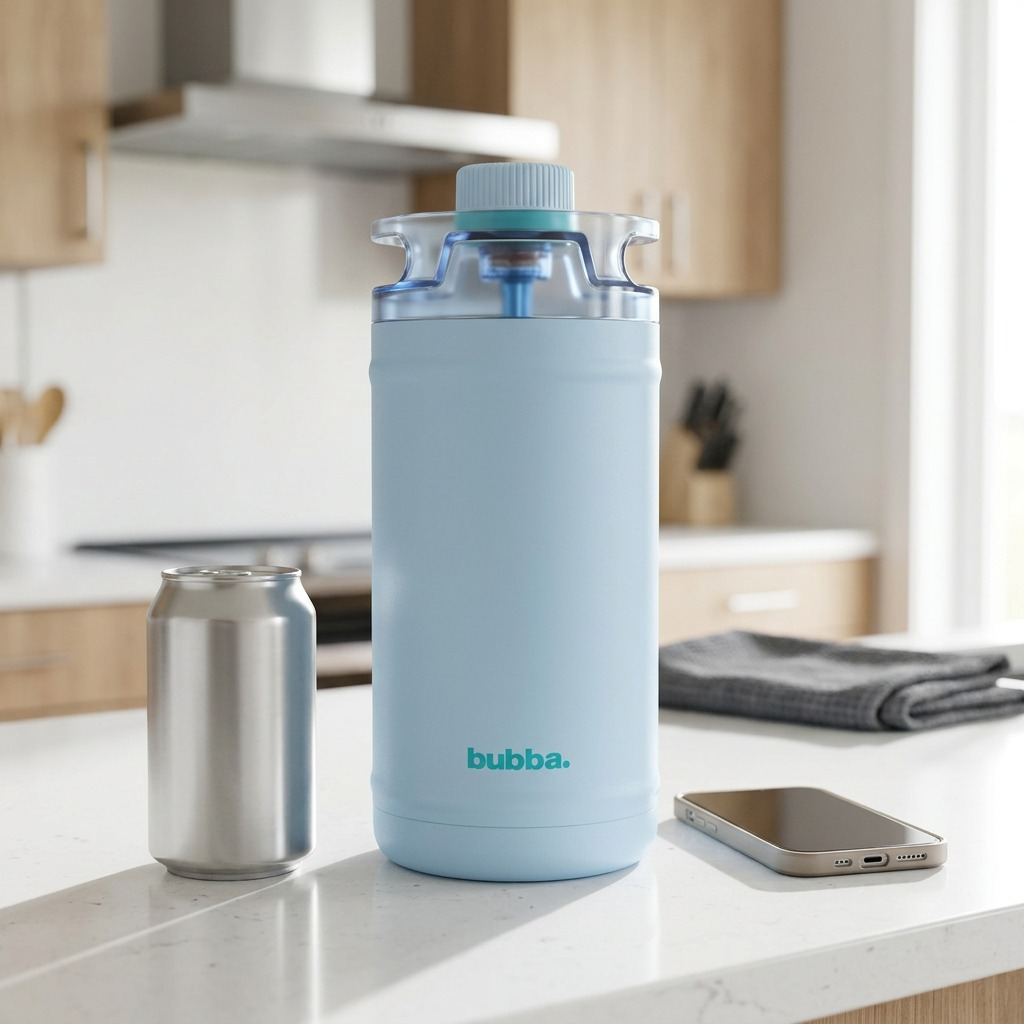 Scale reference photo of the 64oz Bubba jug next to a soda can for size comparison.