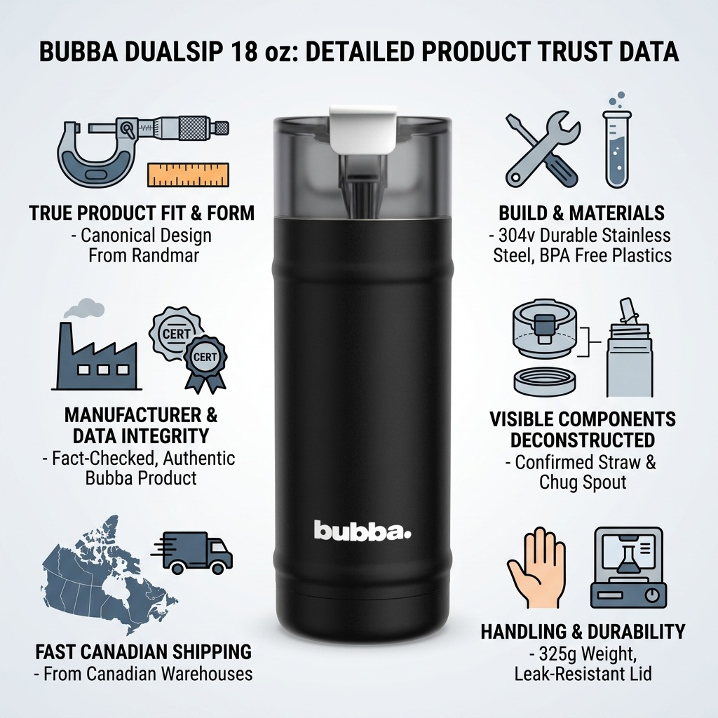 bubba DualSip product trust infographic featuring facts about fit, materials, visible components, and handling with fast Canadian shipping cues.