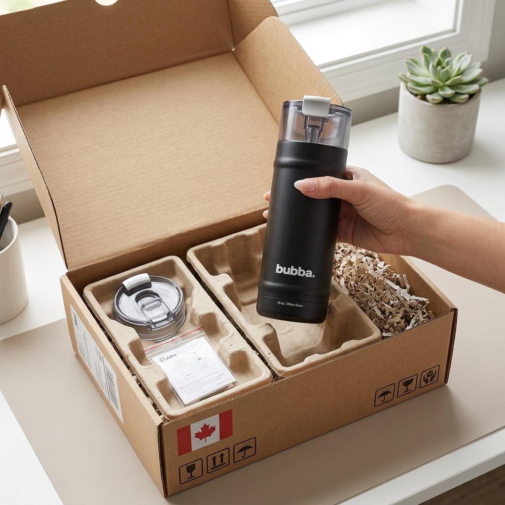 Unboxing scene with bubba bottle secured in molded pulp packaging, void fill, and sturdy shipping box.