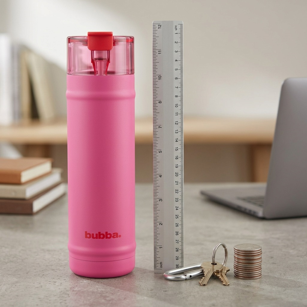 A photo-realistic scale comparison of the bubba 24oz Flora Aura (Pink) DualSip bottle standing upright on a grey concrete desk next to a widely recognized, common size reference object like a 12-and-a-half-inch long pencil and a stack of coins. The bottle's height and diameter are clearly defined.